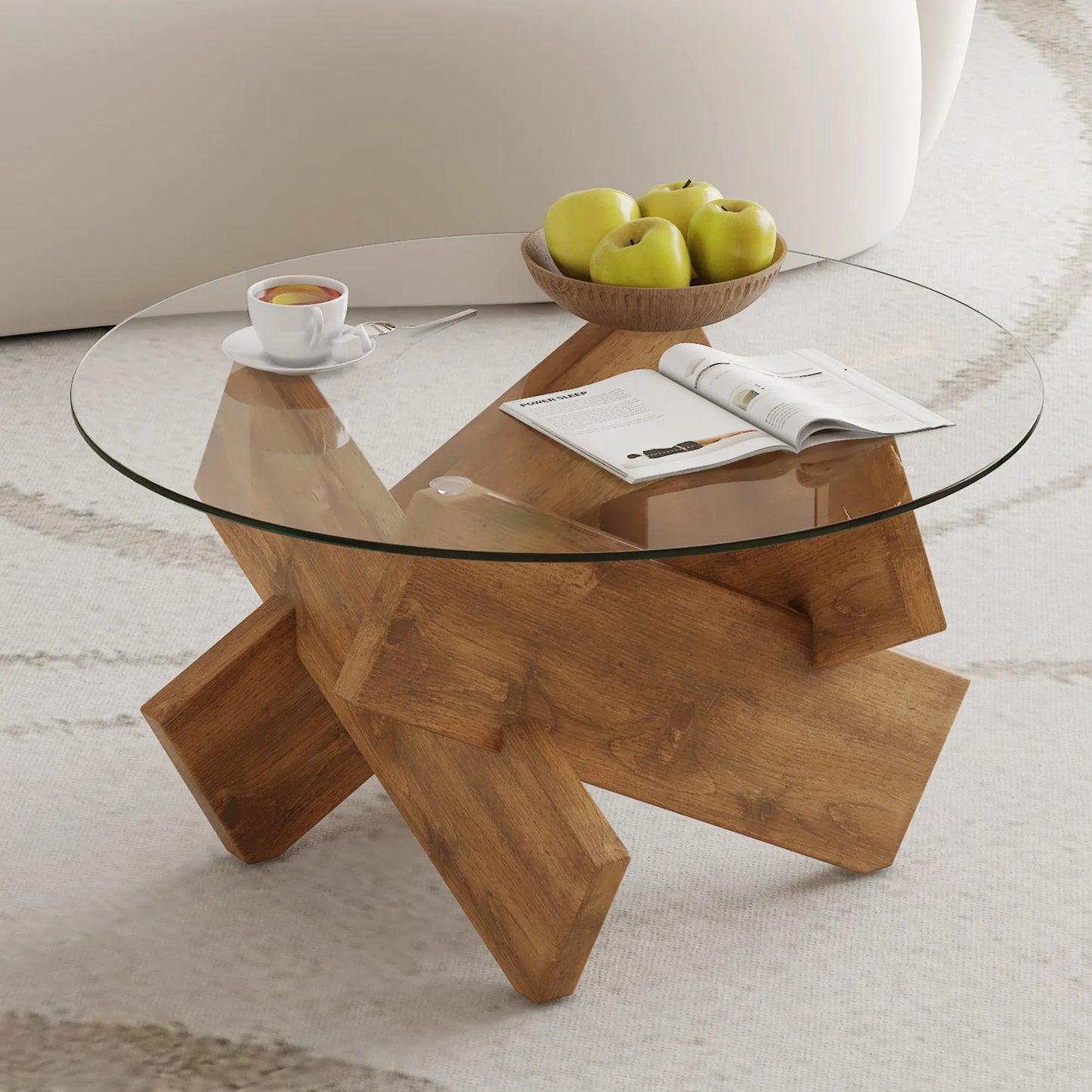 Circular glass coffee table, 33.4-inch modern and distinctive design tea table. Tempered glass countertop, wood colored MDF table legs. Suitable for – view 2