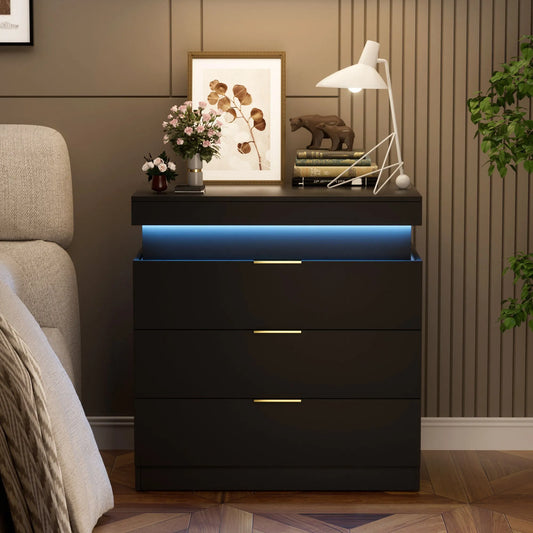 Nightstand with Charging Station and LED Lights,Night Stand with Sliding Top for Bedroom,Bedside Table with Drawers,Modern End Side – view 2