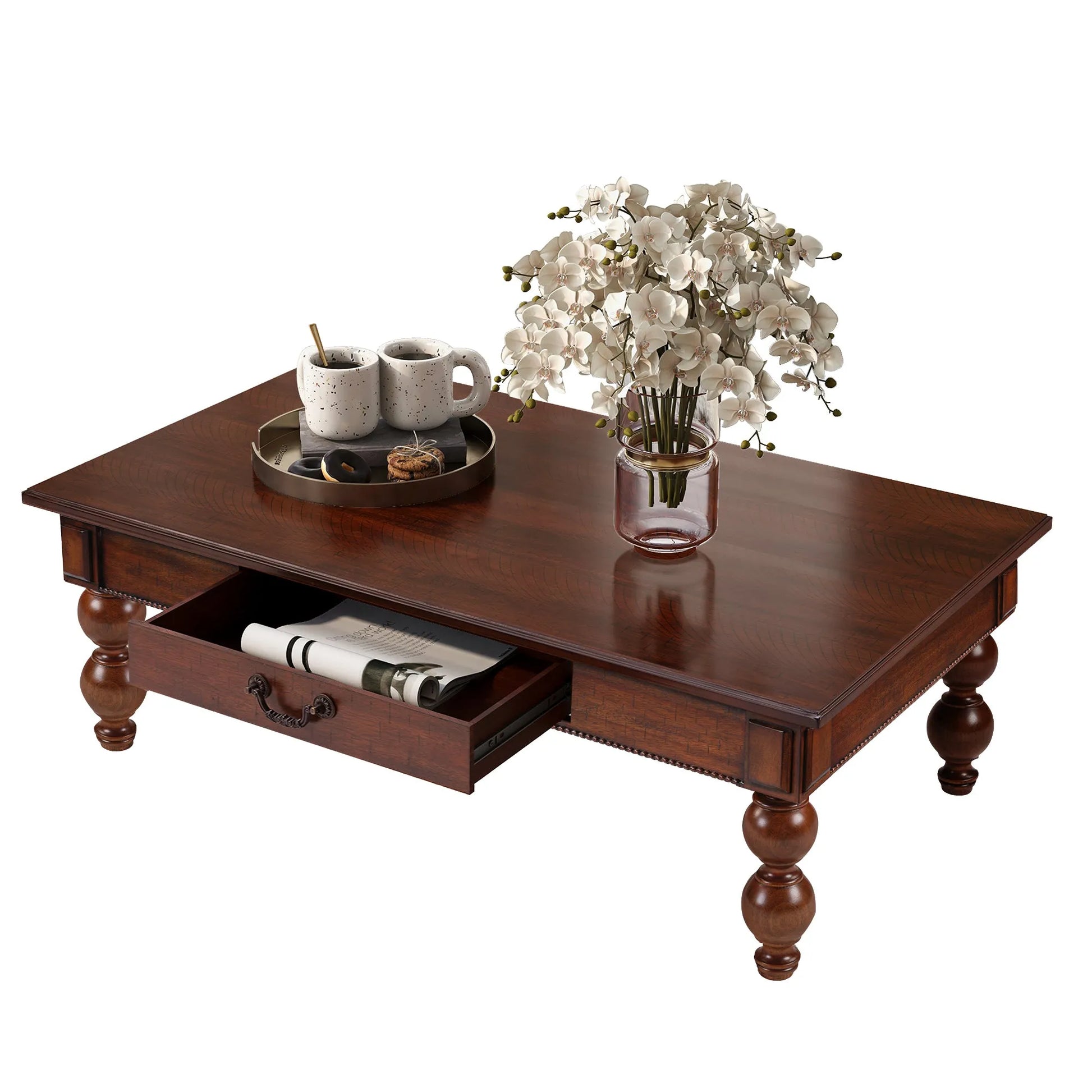 Rectangular Wooden Coffee Table with Storage Drawer, Vintage Cocktail Table with Solid Wood Gourd-Shaped Legs for Living Room,No-Tools Assembly – view 2