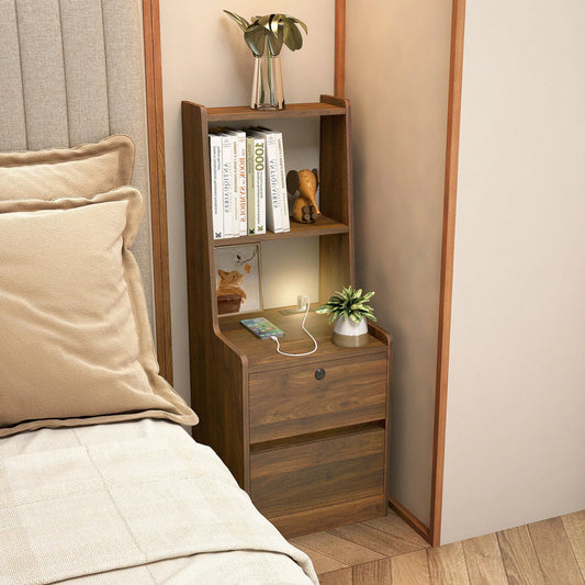 Nightstand with Charging Station, Smart Nightstand with Night Light, Modern Night Stand with Bookshelf, Bedside Tables with Storage Cabinet for – view 2
