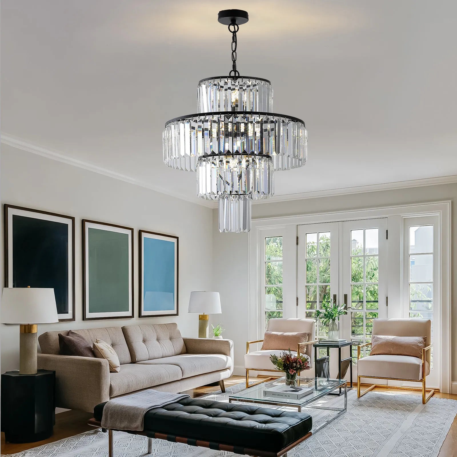 20' Modern Crystal Chandelier with Black Finish, 4-Tier Design for Dining Room or Living Room, Elegant Crystal Pendant Light Fixture (Bulb Not – view 2