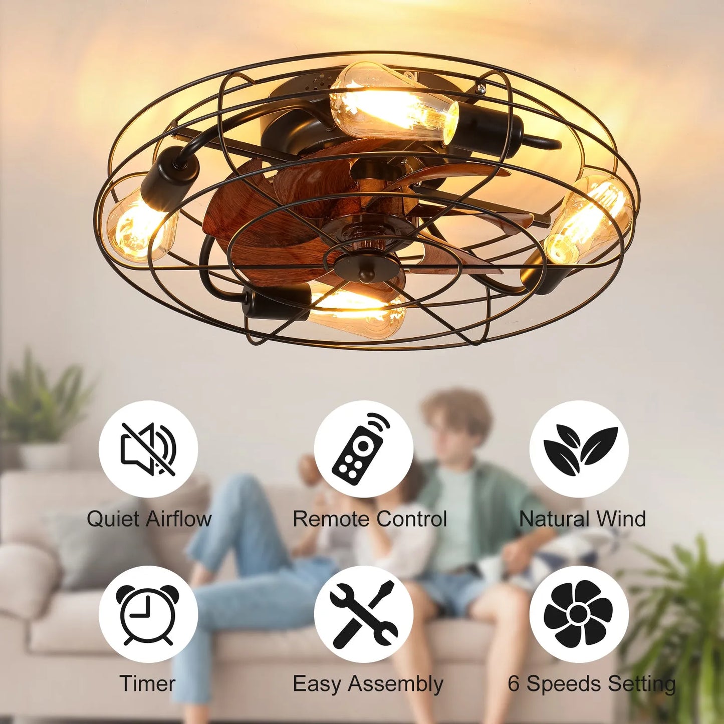 Caged Ceiling Fan With Light, 20'' farmhouse Low Profile Ceiling fan Lights With Remote Control, Modern Enclosed 4x E26 Bulb Ceiling Fans With – view 2