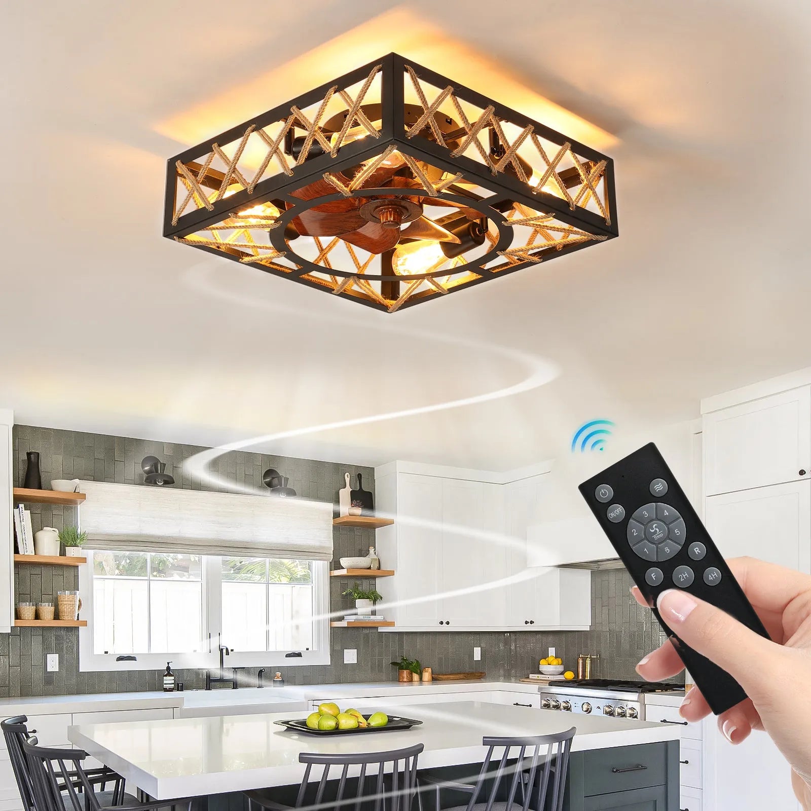 Farmhouse Rustic Ceiling Fan and Remote Control,Square Caged Industrial Ceiling Fixture with 6 Speeds & Noiseless DC Motor for Kitchen Dining Room – view 2