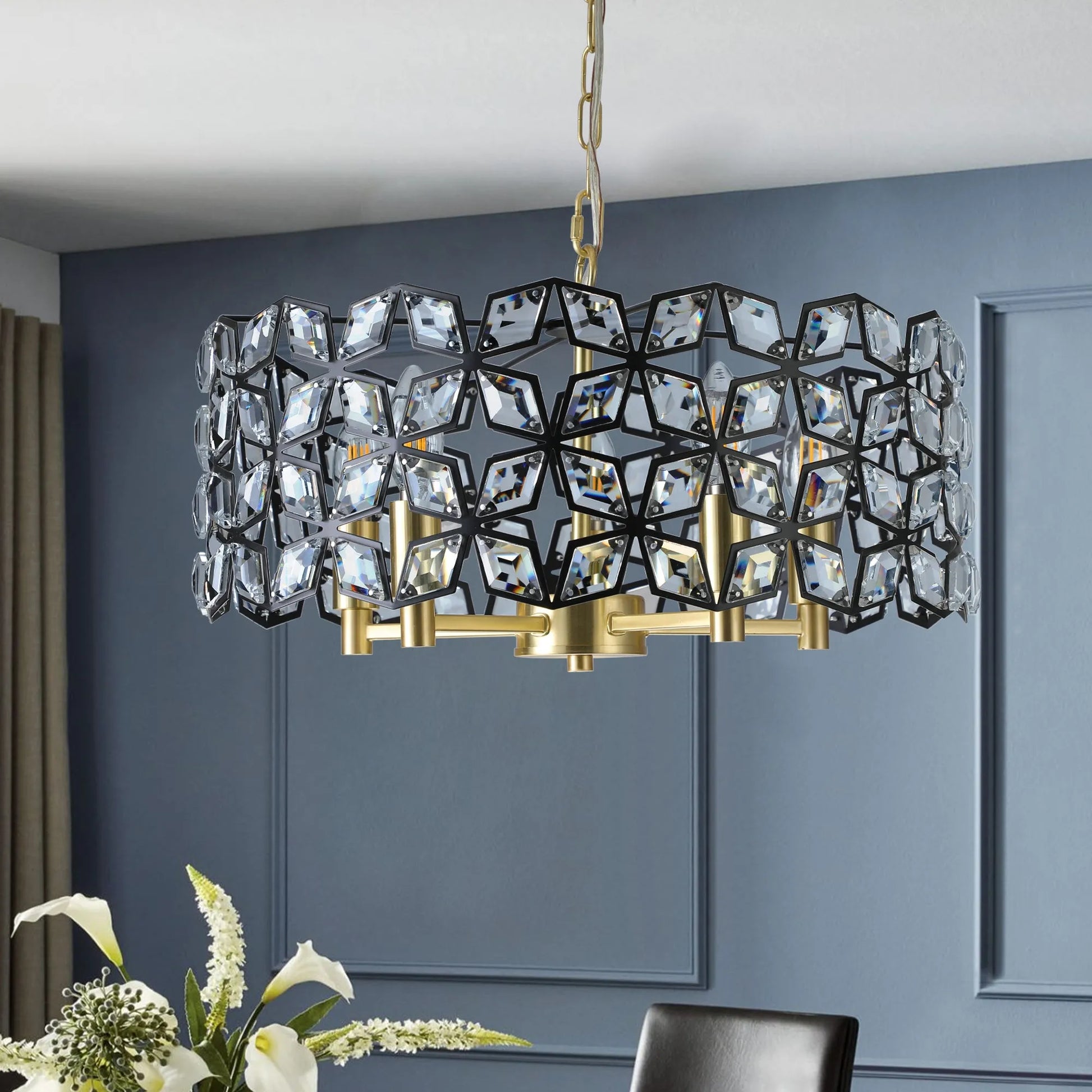 19' Geometric Crystal and BlackGold Round Pendant Chandelier – Modern 5-Light Fixture for Dining Room, Living Room, or Kitchen (Bulb Not Included) – view 2