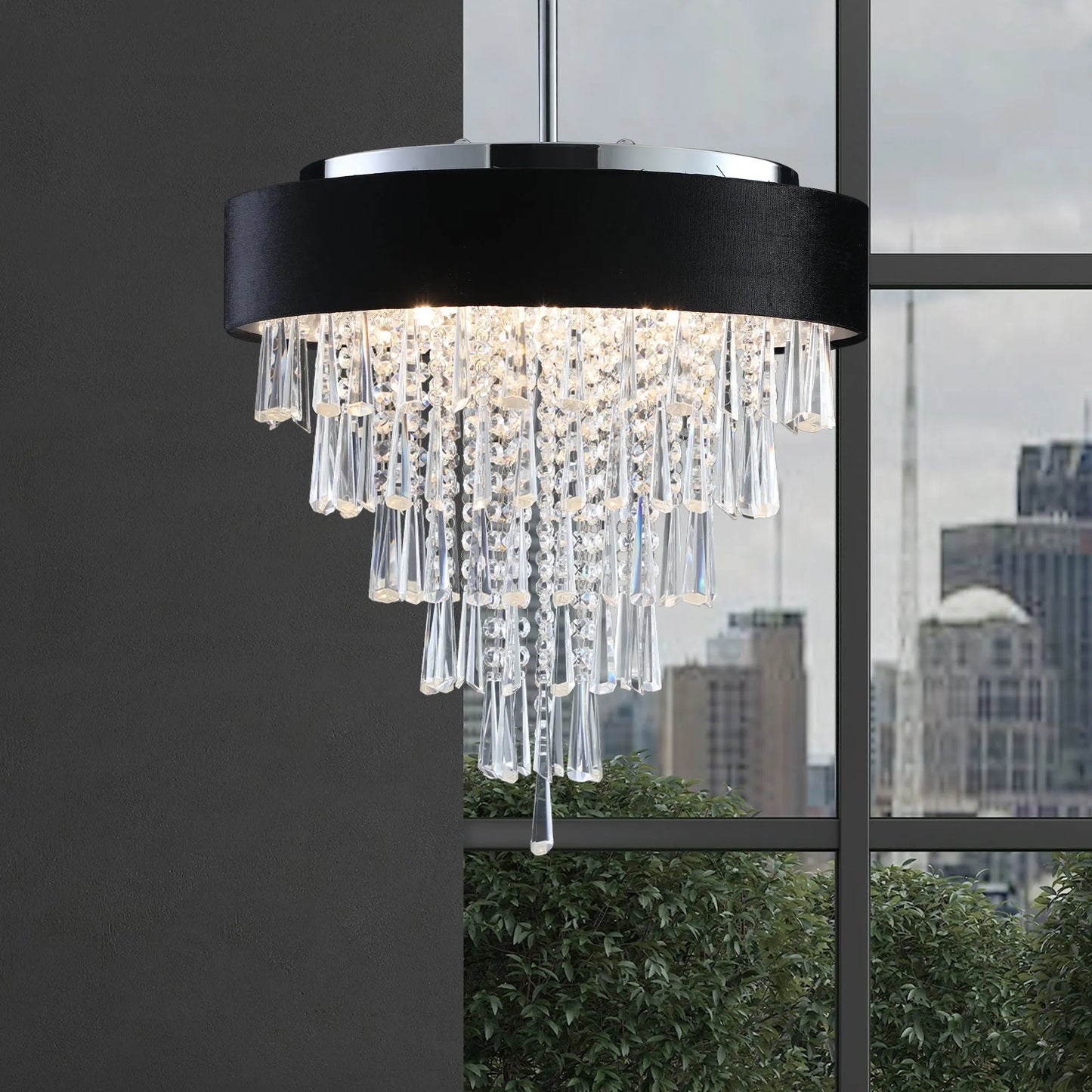 18-inch Modern Crystal Chandelier with Black Imitation Velvet Anti-Glare Shade, Adjustable Height, 8-Light G9 Base for Dining Room, Living Room, or – view 2