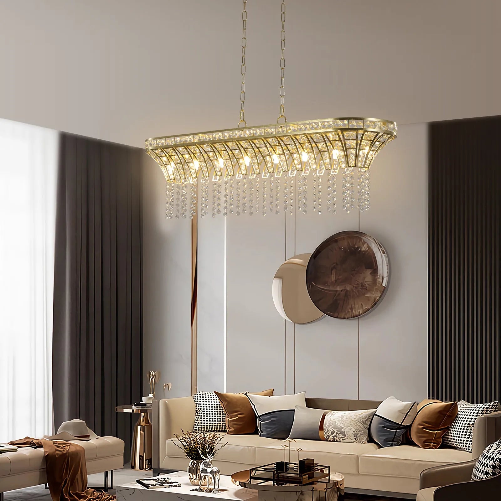39' Modern Crystal Linear Rectangle Chandelier with Gold Finish, Elegant Pendant Light with Cascading Beads, for Dining Room, Living Room, or Foyer – view 2