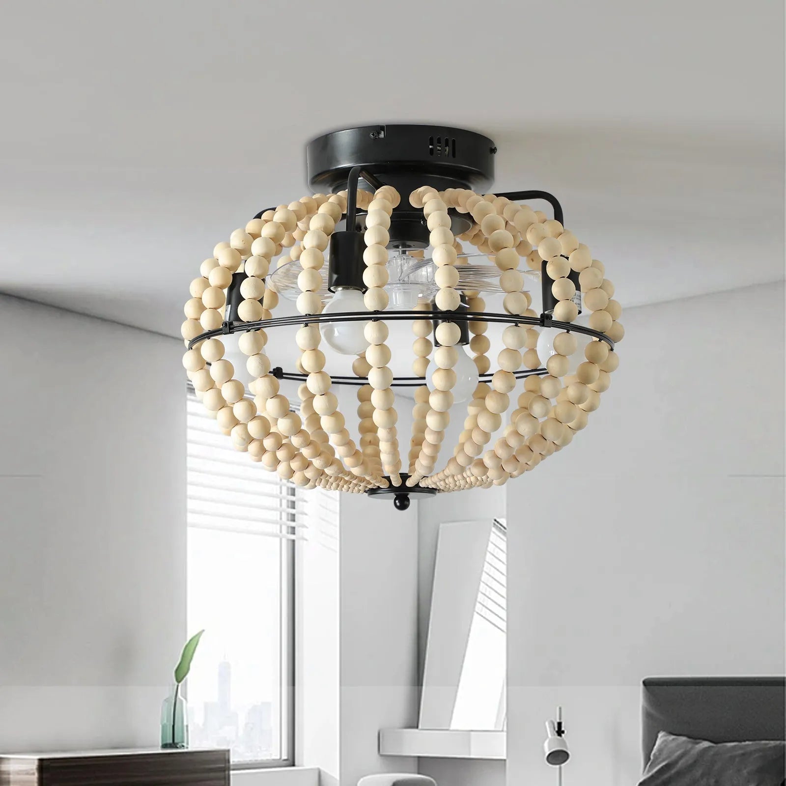 18' Bohemian Wood Beaded Ceiling Fan with Light, Flush Mount Caged Ceiling Fan, Rustic Farmhouse Low Profile Fan Light Fixture for Indoor Home Decor – view 2