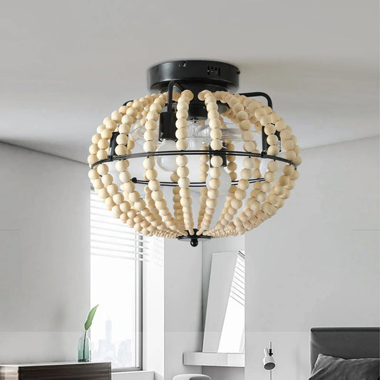 18' Bohemian Wood Beaded Ceiling Fan with Light, Flush Mount Caged Ceiling Fan, Rustic Farmhouse Low Profile Fan Light Fixture for Indoor Home Decor – view 2