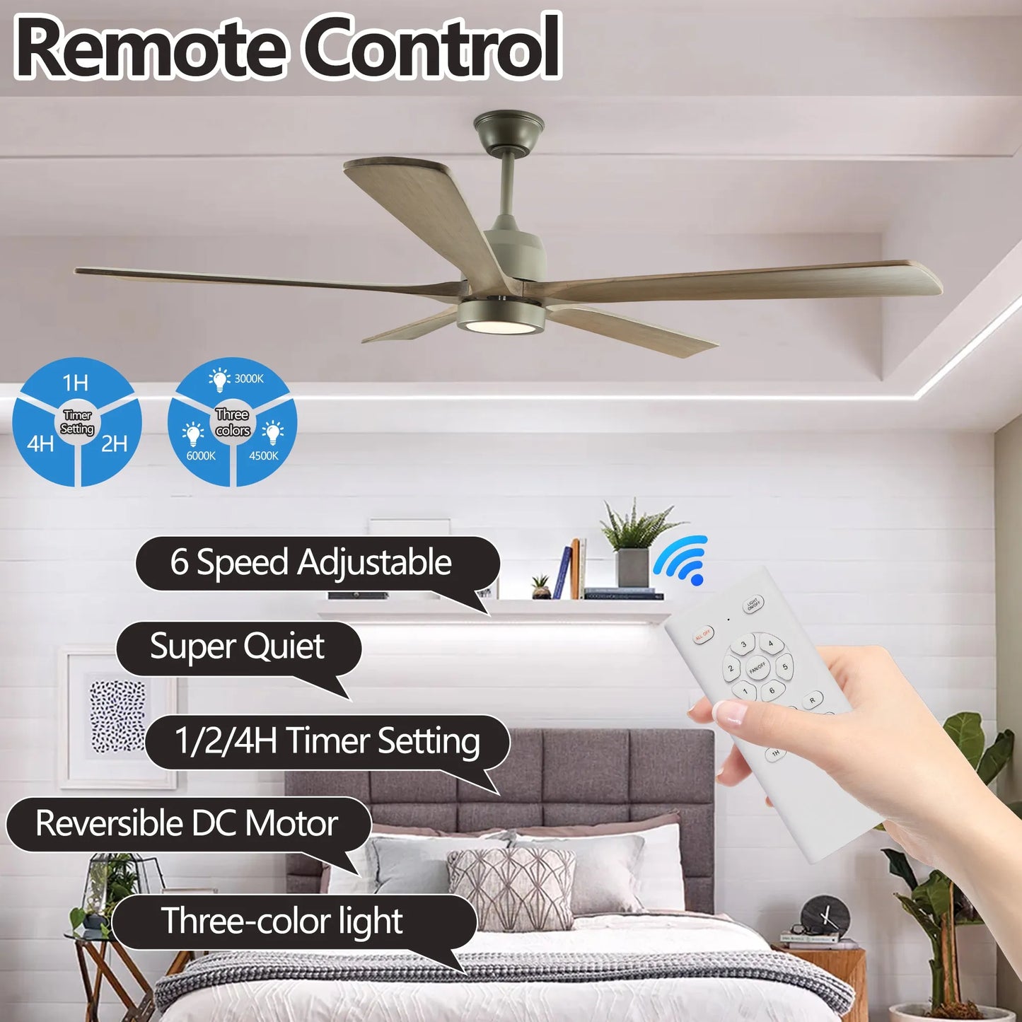 60' Modern Wood Ceiling Fan with Light and Remote Control,6-Speed Noiseless Reversible DC Motor, Ceiling Fan for Kitchen Dinning Living Room – view 2