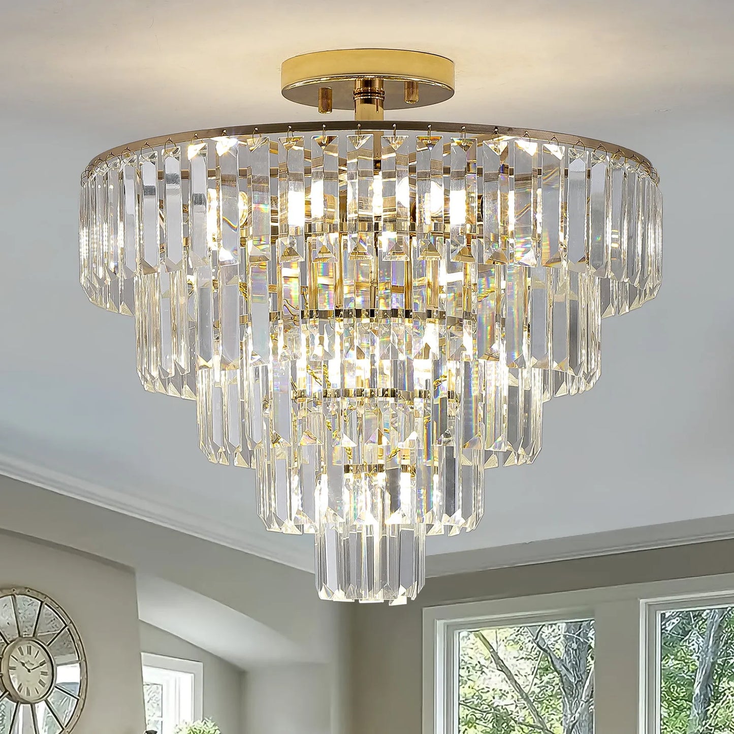 Gold Crystal Chandeliers,5-Tier Round Semi Flush Mount Chandelier Light Fixture,Large Contemporary Luxury Ceiling Lighting for Living Room Dining – view 2