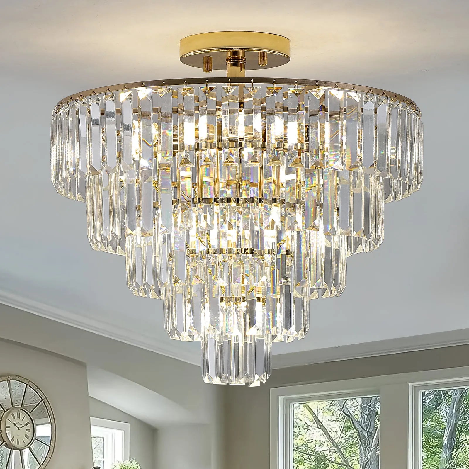 Gold Crystal Chandeliers,5-Tier Round Semi Flush Mount Chandelier Light Fixture,Large Contemporary Luxury Ceiling Lighting for Living Room Dining – view 2