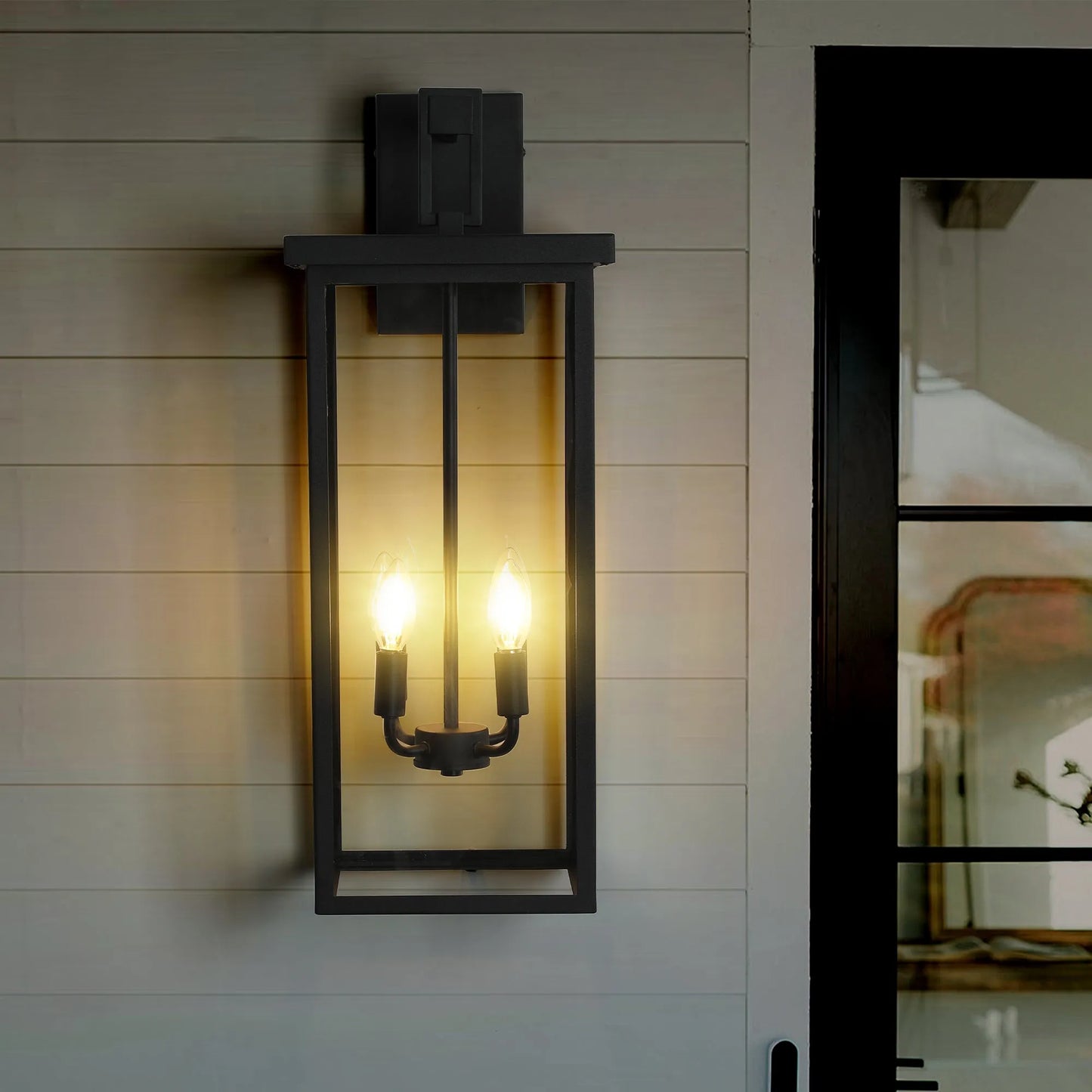 26'(H) 1ps Modern Outdoor Wall Lanterns with Black Metal Frame and Clear Glass, 4 E12 Bulb Socket, Weatherproof Wall Sconces for Porch, Garden, Patio – view 2