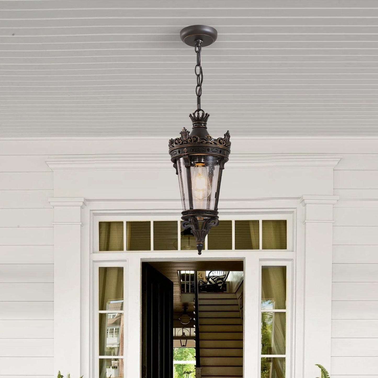 18'(H) Antique Crown Outdoor Hanging Lantern, Waterproof Vintage Pendant Light with Ornate Metal Design and Clear Glass for Patio, Garden, Porch – view 2