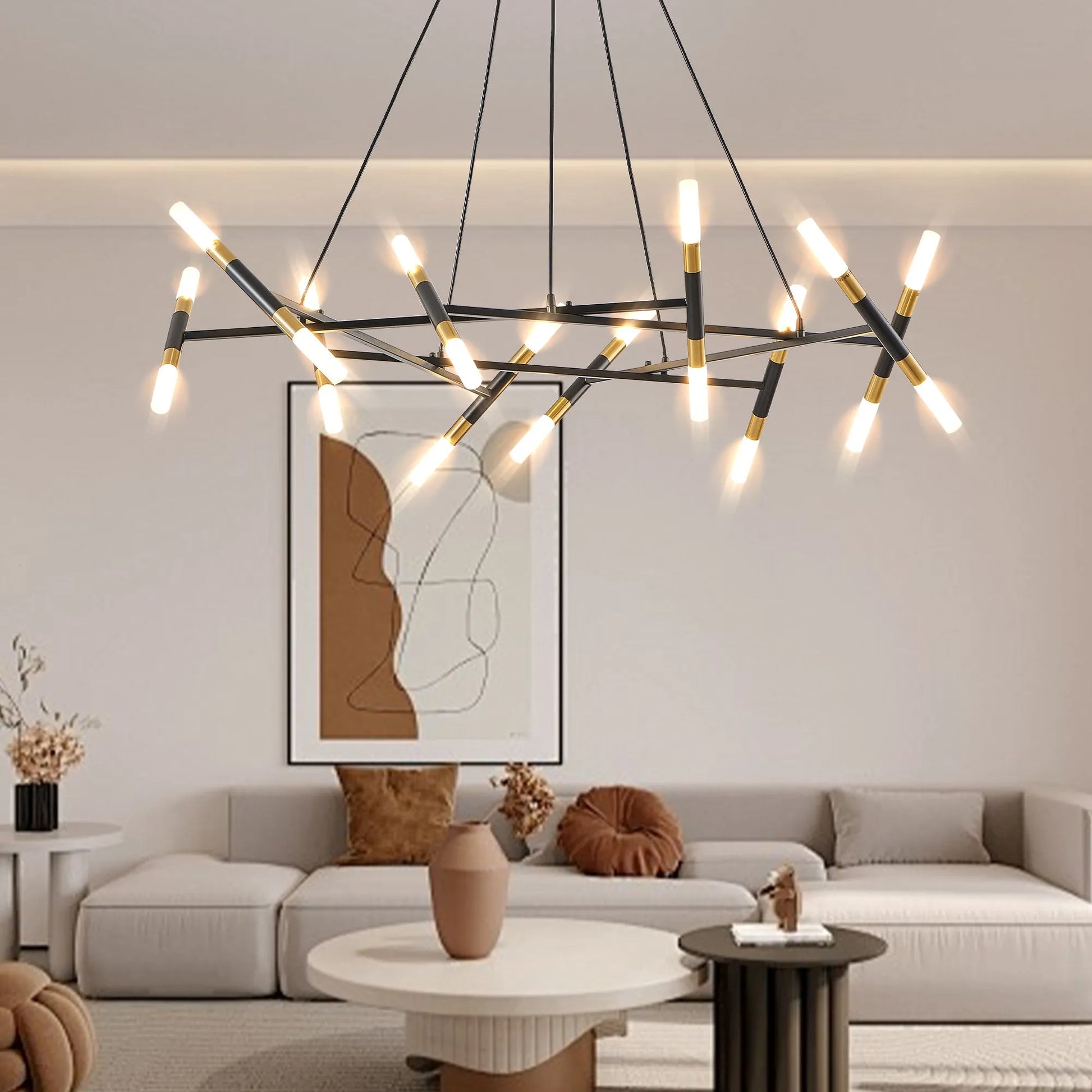41' Black & Golden Modern Chandelier Light Fixture, Branch Design with Frosted Tubes, Black Cords, Adjustable Height Pendant Light for Dining Room – view 2
