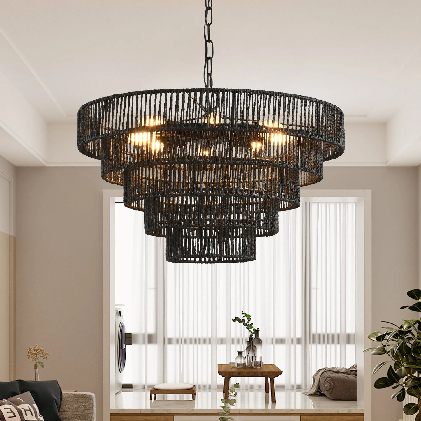 24' Rustic 5-Tier Black Hemp Rope Pendant Light Chandelier with 8 E12 Sockets, Boho Farmhouse Ceiling Fixture for Dining Room, Kitchen, or Entryway – view 2
