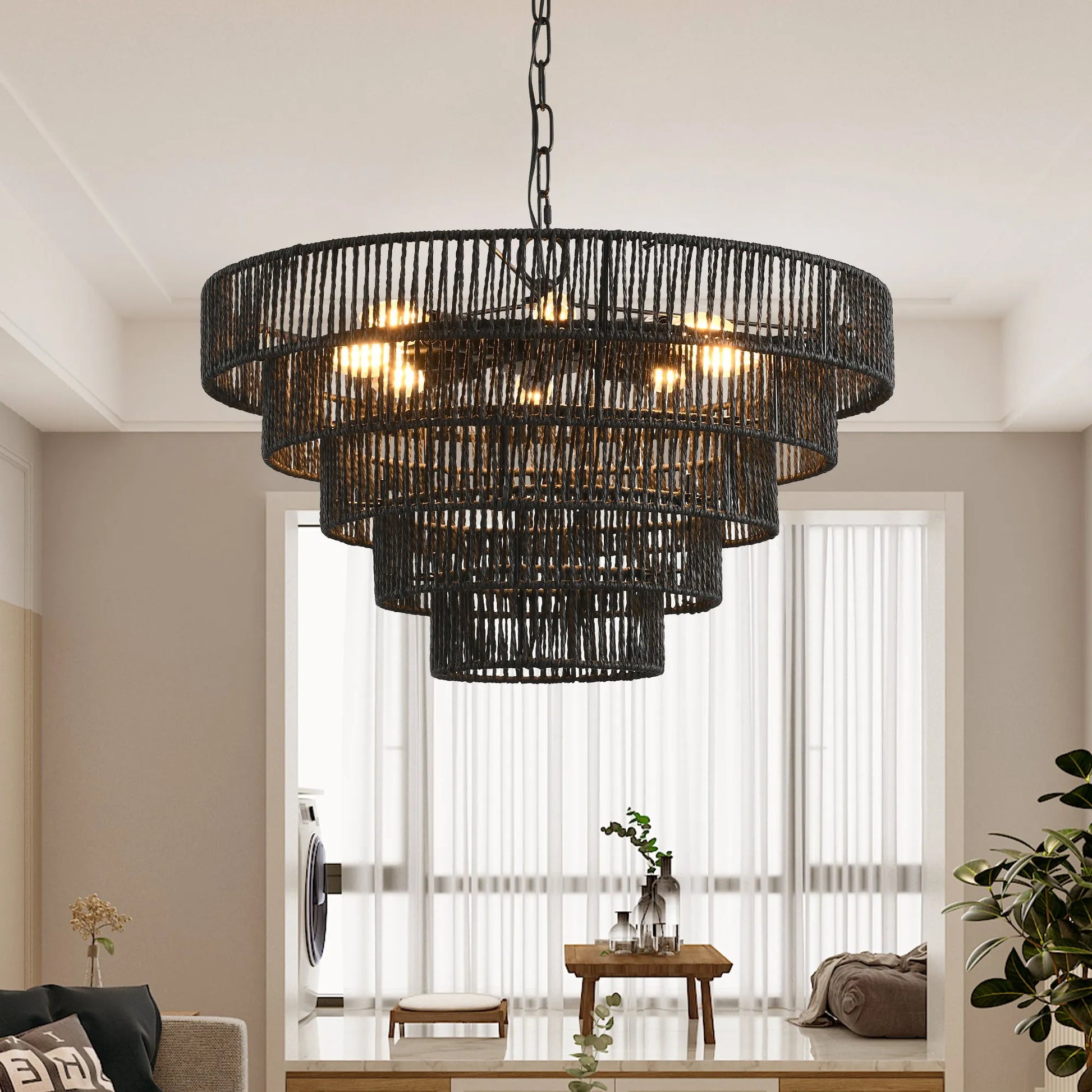 24' Rustic 5-Tier Black Hemp Rope Pendant Light Chandelier with 8 E12 Sockets, Boho Farmhouse Ceiling Fixture for Dining Room, Kitchen, or Entryway – view 2