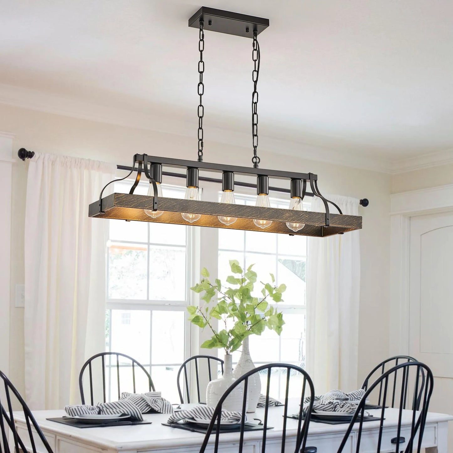 34-Inch Black Gold Vintage Pendant Light, 5 E26 Bulb Sockets, Adjustable Chain Height – Antique Style Chandelier for Dining Room, Kitchen, or Living – view 2