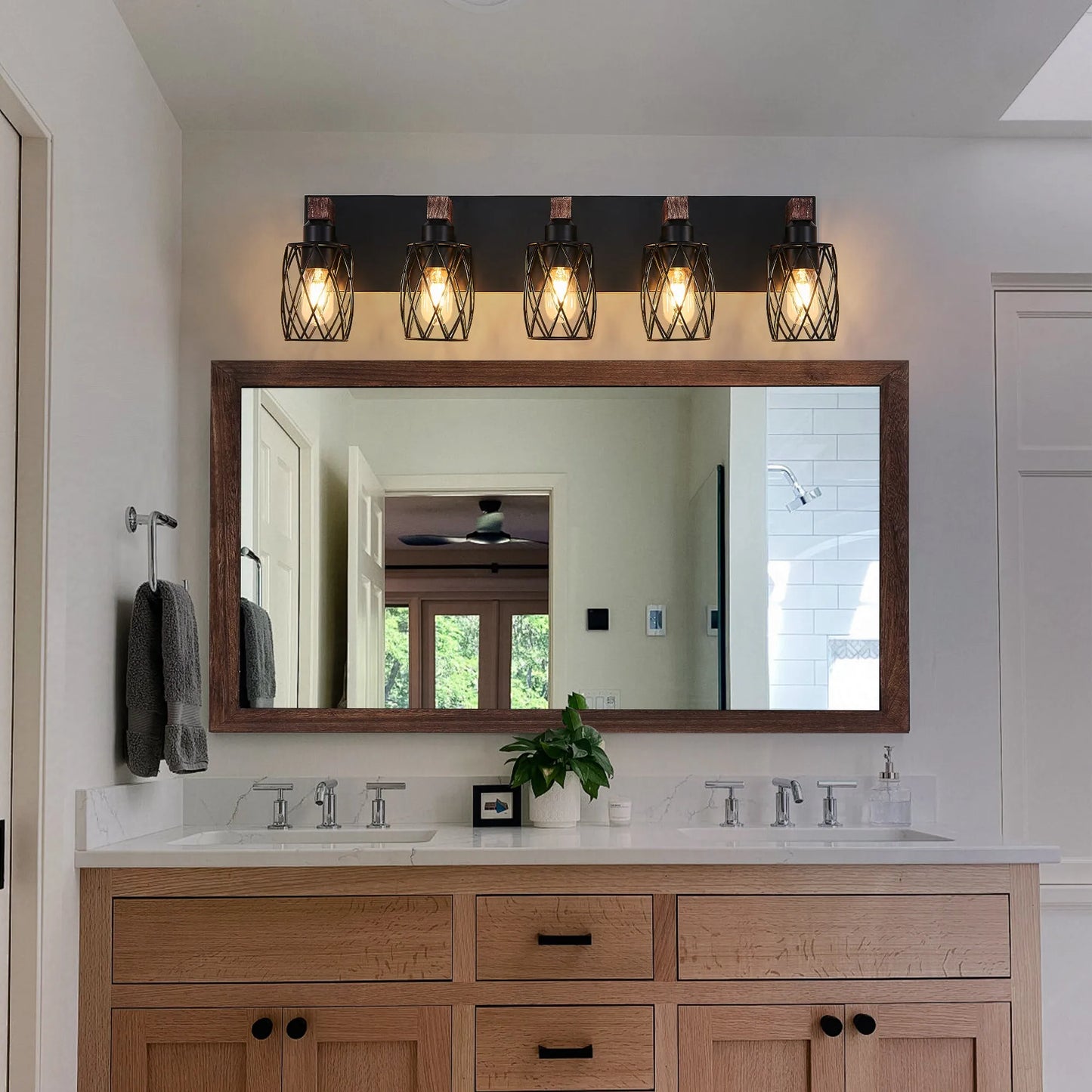 31' Industrial Vintage 5-Light Wall Sconce - Black Cage Wall Lighting Fixture with Wooden Accents for Bathroom, Hallway, or Living Room (Bulb Not – view 2