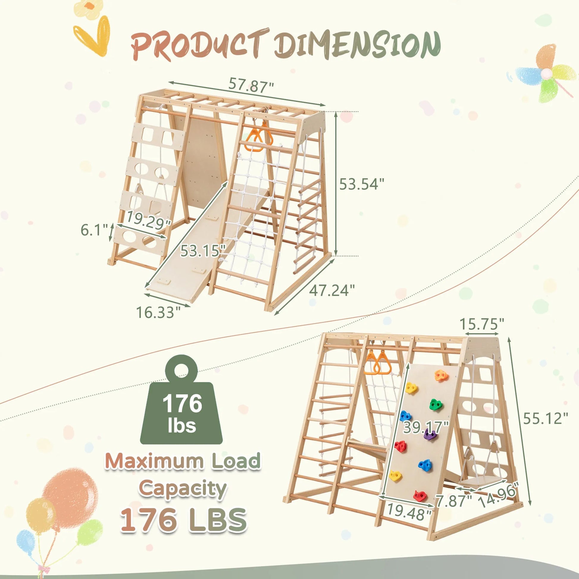 9-in-1 Slide and Climbing Wall for Toddlers 3+, Wooden Indoor Play Structure, Heavy Duty 176 lbs Capacity, Safe Rounded Edge Natural Wood, Balance & – view 2