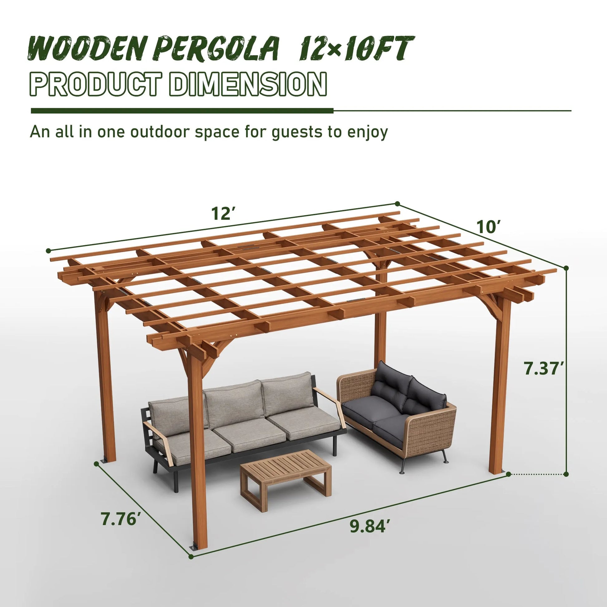 12 x 10 FT Outdoor Wood Pergola, Wooden Grape Pergola for Climbing Plant Support for Garden, Patio, Backyard, Deck, Brown – view 2