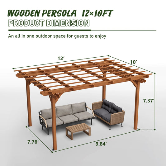 12 x 10 FT Outdoor Wood Pergola, Wooden Grape Pergola for Climbing Plant Support for Garden, Patio, Backyard, Deck, Brown – view 2