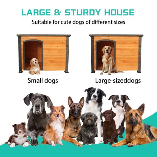 45'Dog House Outdoor and indoor wooden kennel, winter strap with elevated feet, large dog weatherproof (gold red and black) – view 2