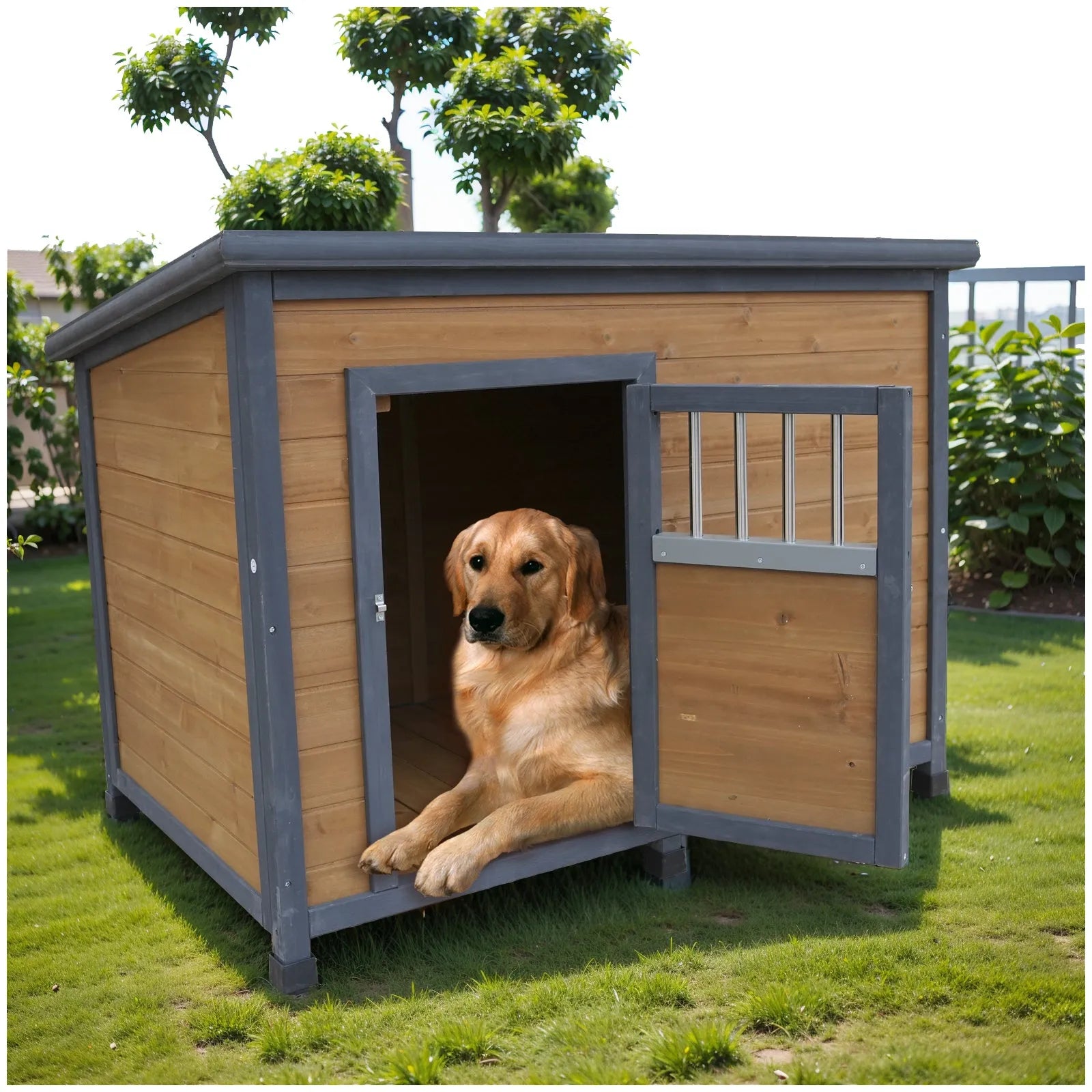 45'large solid wood dog house, waterproof PVC plastic roof, breathable wooden doors – view 2