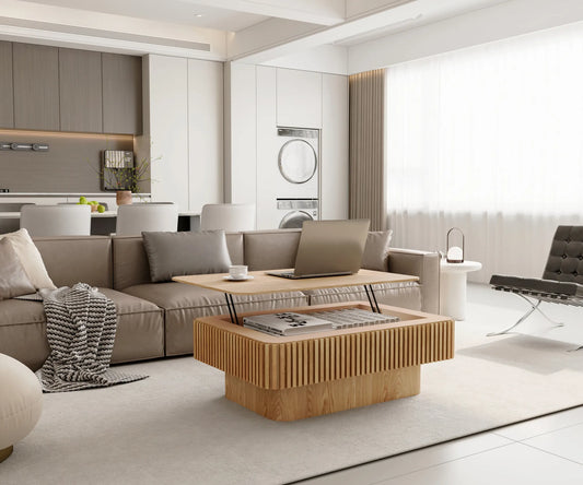 38.6'' Fluted Lift-top Coffee Table Solid Wood Veneered Modern Coffee Table Accent Tea Table with Storage and Adjustable Height for Living Room – view 2