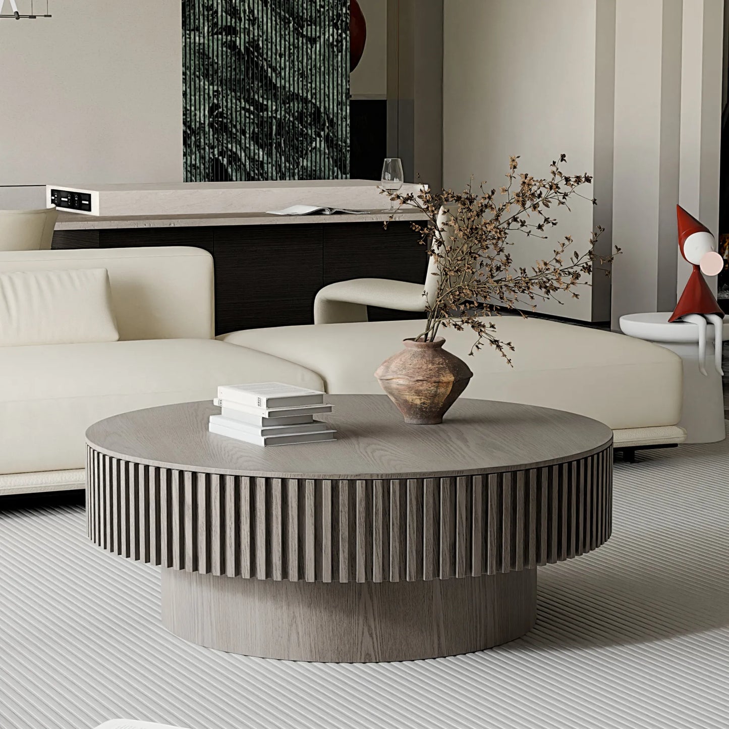 39.37'' Round Coffee Table with Storage Solid Wood Veneered Modern Coffee Table Accent Tea Table for Living Room, Bedroom, Apartment or Office, Grey – view 2