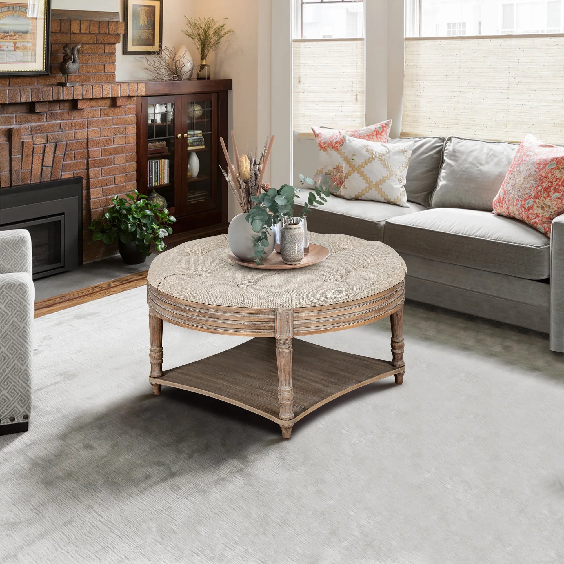 Large Round Waterproof Ottoman Coffee Table 2 Tier Oversized Button Tufted Ottoman with Wooden Shelf Storage Farmhouse Upholstered Coffee Table – view 2