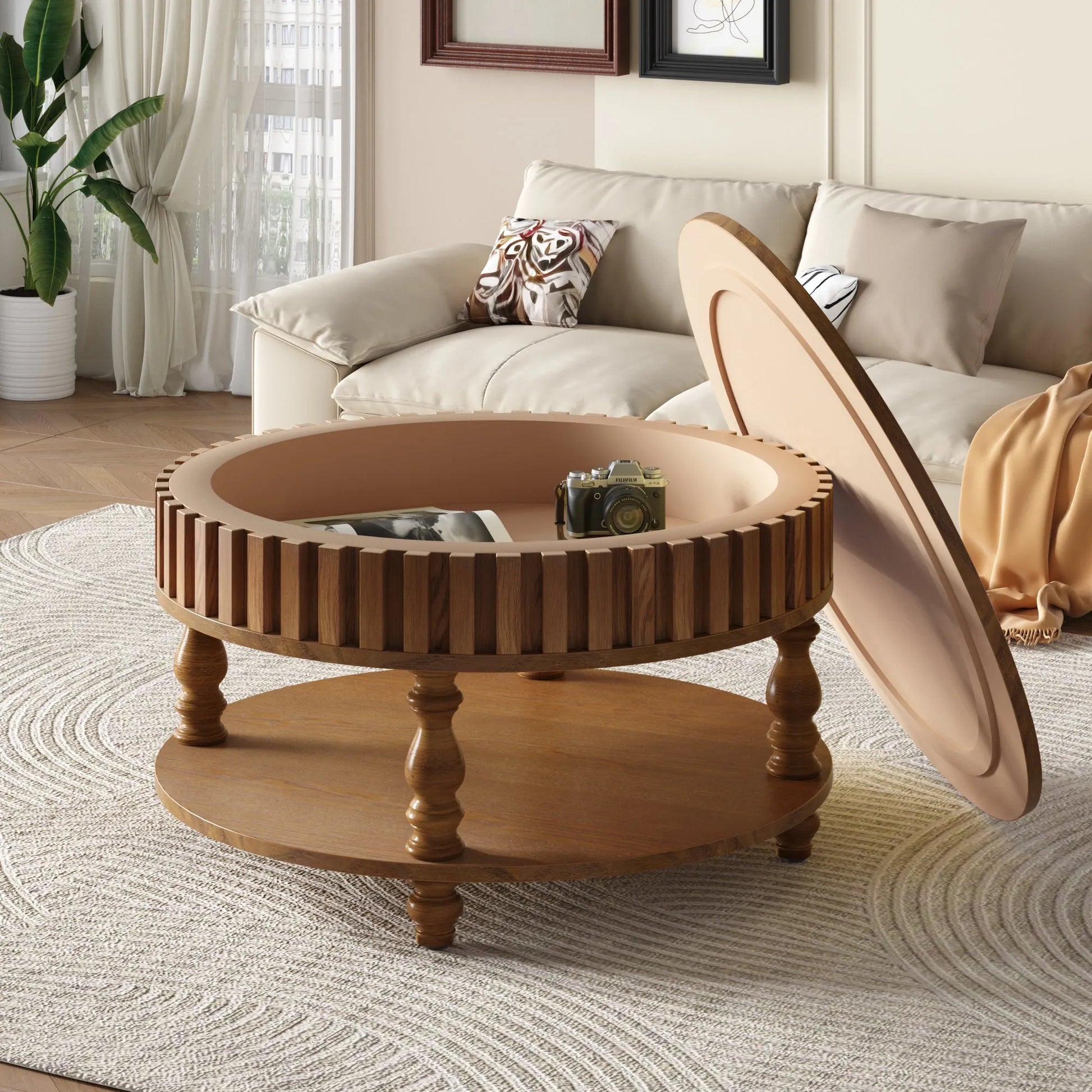 Farmhouse Fluted Coffee Table with Storage and Flip-Top Lids, Rustic Brown Center Table for Living Room with Spacious Hidden Storage, Sturdy Durable – view 2