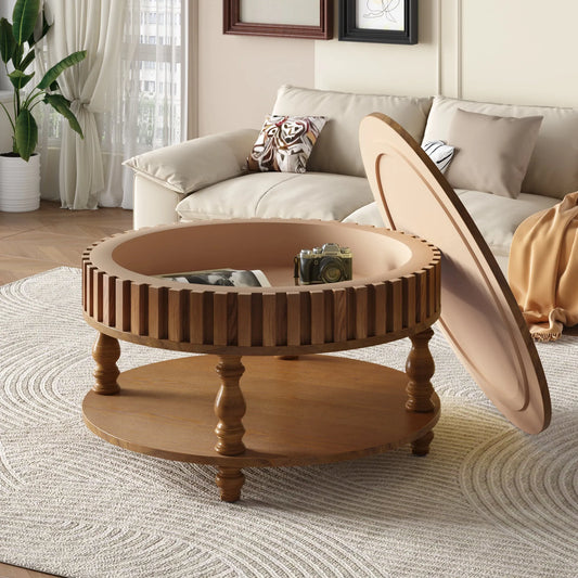 Farmhouse Fluted Coffee Table with Storage and Flip-Top Lids, Rustic Brown Center Table for Living Room with Spacious Hidden Storage, Sturdy Durable – view 2