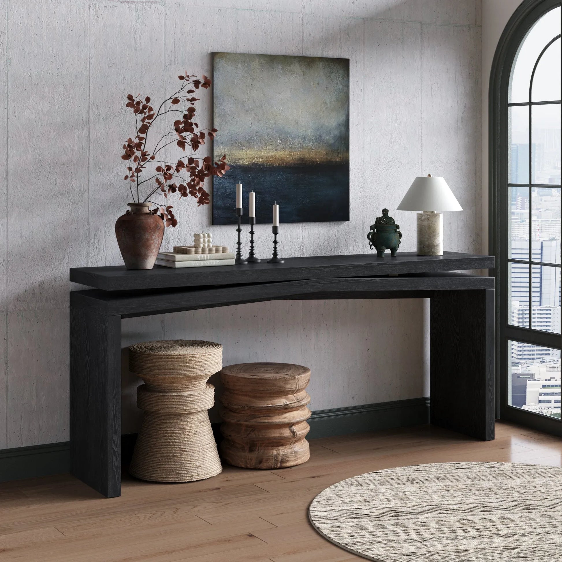 65-Inch Rustic Solid Wood Veneer Console Table, Long Farmhouse Entryway Sofa Table for Living Room, Hallway, Behind Couch, Apartment, Black – view 2