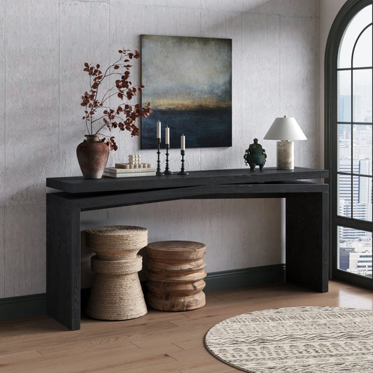 65-Inch Rustic Solid Wood Veneer Console Table, Long Farmhouse Entryway Sofa Table for Living Room, Hallway, Behind Couch, Apartment, Black – view 2
