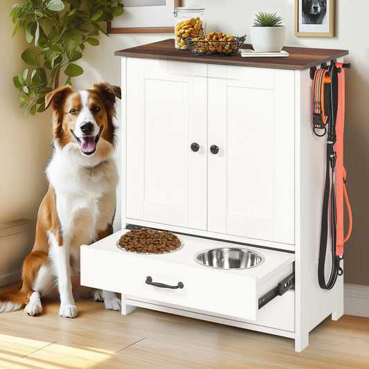 Dog feeding station, double door locker with 2 adjustable dog bowls, 3 hooks on right side, white – view 2