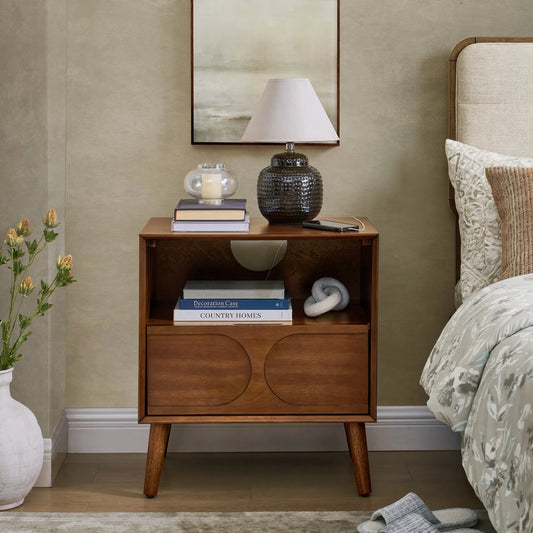 Mid Century Modern Fluted Nightstand with Charging Station USB Ports & Outlet Hole & 4 Solid Wood Legs, Farmhouse End Table with Open Space and – view 2