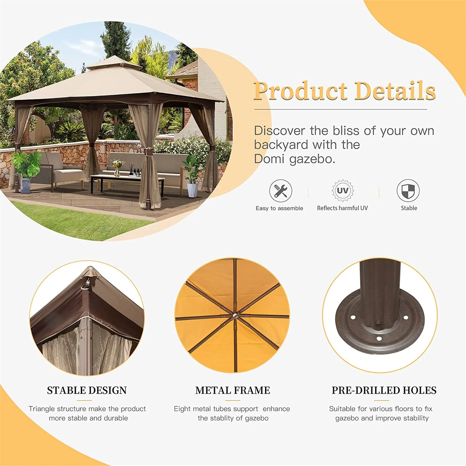 10'x13' Gazebo, Outdoor Gazebo with Mosquito Netting, Metal Frame Double Roof Soft Top Patio Gazebo Canopy Tent for Deck Backyard Garden Lawns (Khaki) – view 2