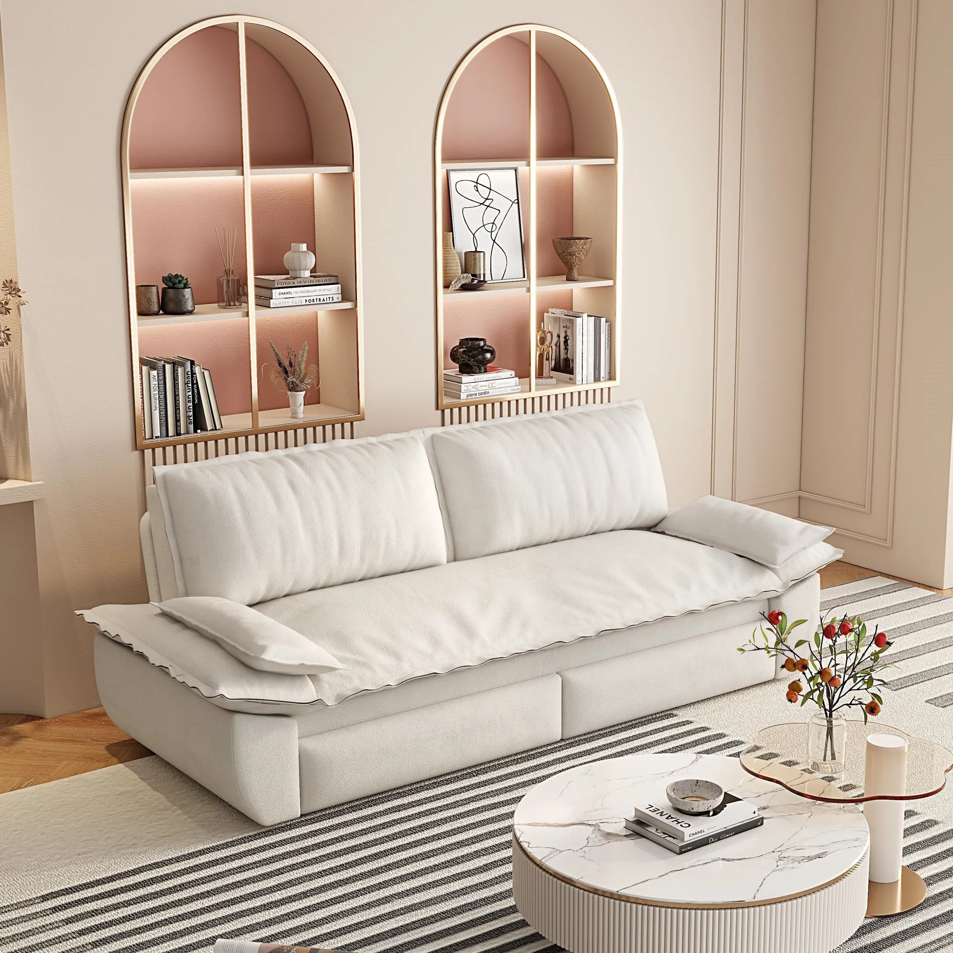 73.2'Queen Pull Out Sofa Bed,3-in-1 Convertible Sleeper Sofa,Multi-Functional Velvet Loveseat Bed,Beige/White – view 2