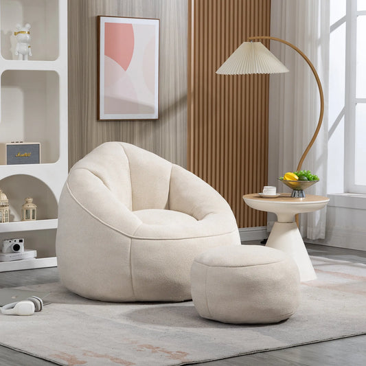 Bedding Bean Bag Sofa Chair with High-Pressure Foam and Footrest, Beige Microfiber – view 2