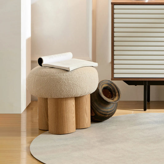 Mushroom Stool with Greige Plush Cushion, Wooden Barrel PVC Pipe, Walnut Finish – view 2