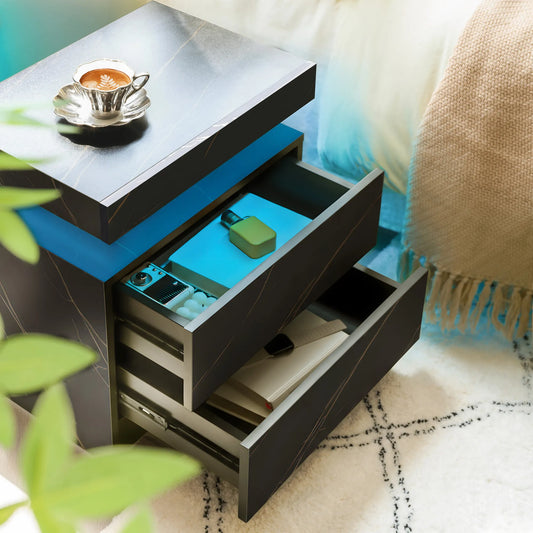 Nightstand LED Bedside Table Cabinet Lights Modern End Side with 2 Drawers for Bedroom (Black Gold) – view 2
