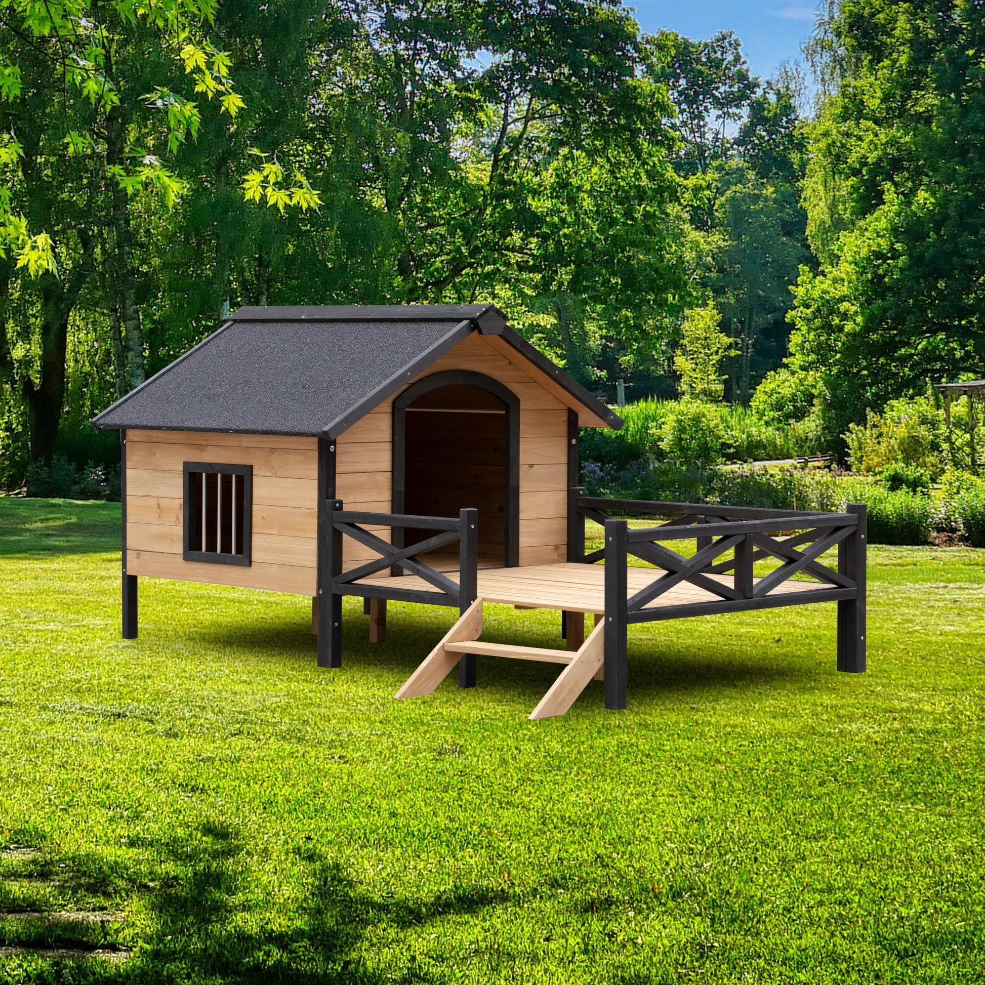 Outdoor Large Wooden Cabin House Style Wooden Dog Kennel with Porch – view 2