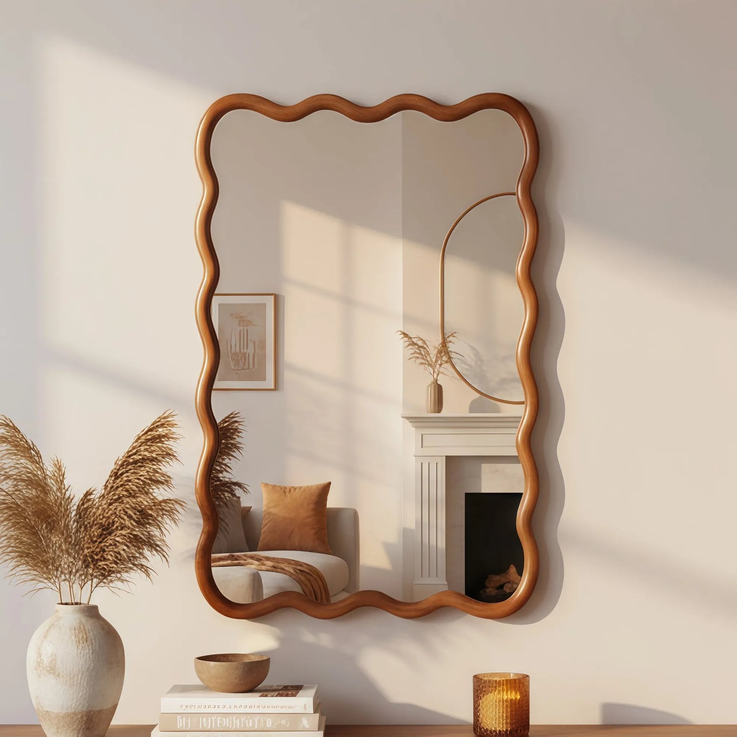 Yellowish Brown 24'x36' Wavy Rectangle Solid Wood Frame Decorative Mirror,For Bedroom, Bathroom, Living Room, Entryway – view 2