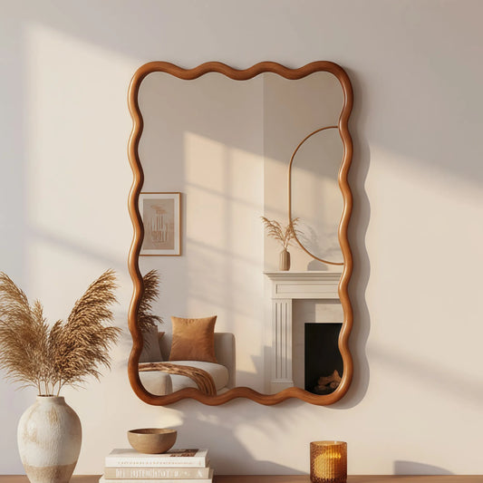 Yellowish Brown 24'x36' Wavy Rectangle Solid Wood Frame Decorative Mirror,For Bedroom, Bathroom, Living Room, Entryway – view 2