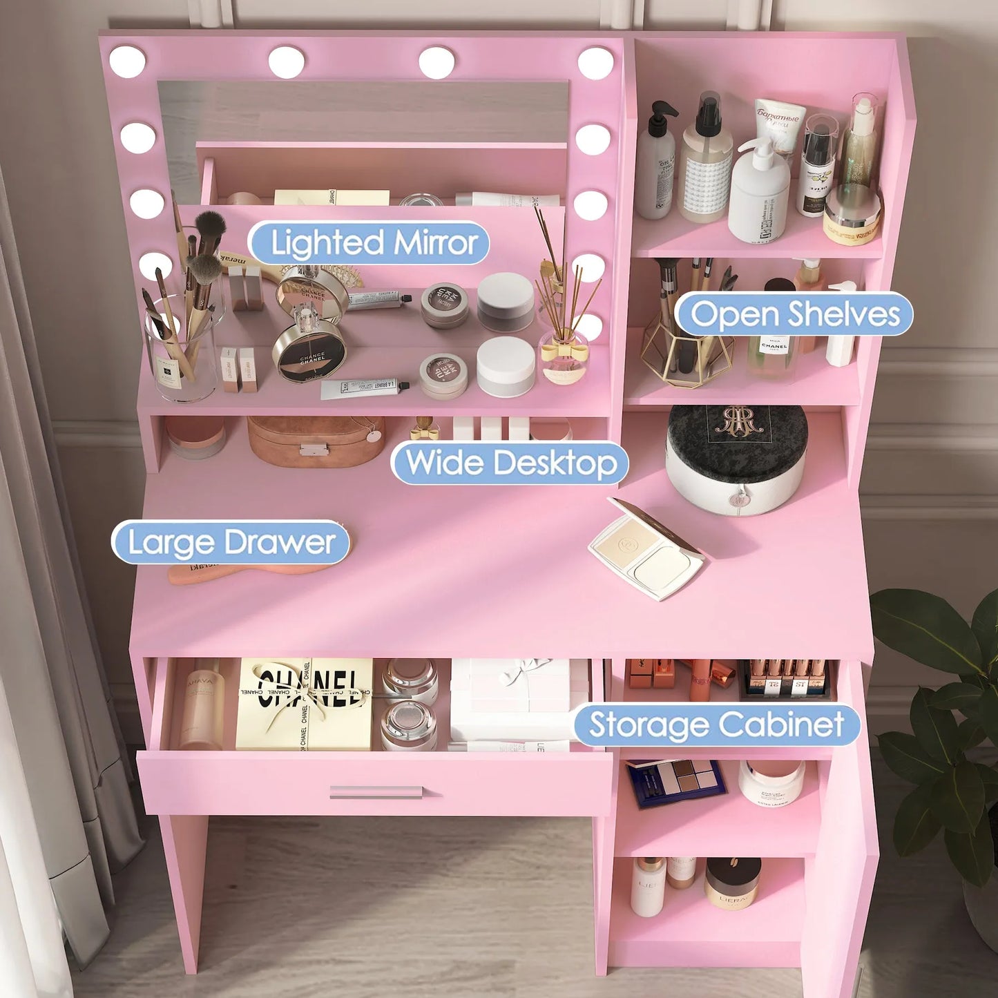 Vanity Desk with Mirror & Light, Large Drawer Three Level Storage Dresser, 3 Lighting Modes Adjustable Brightness, Bedroom Dressing Table(Pink) – view 2