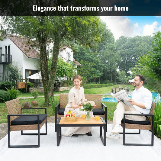 Modern Outdoor 4-Piece Patio Furniture Set with Acacia Wood Table Top, Black and Light Brown – view 2