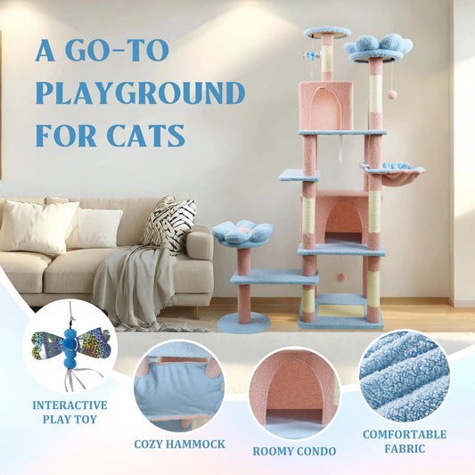 71 inch flower cat tree with large condo removable flower cushion and hammock blue – view 2