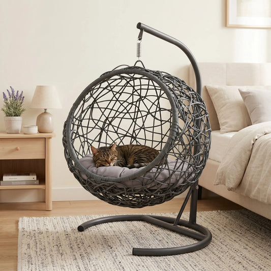 Cat Swing Bed with Stand & Cushion, Cat Egg Chair with Rattan Wicker Appearance, Indoor Hanging Swinging Cat Bed for Cats, Small Dogs, and Small – view 2