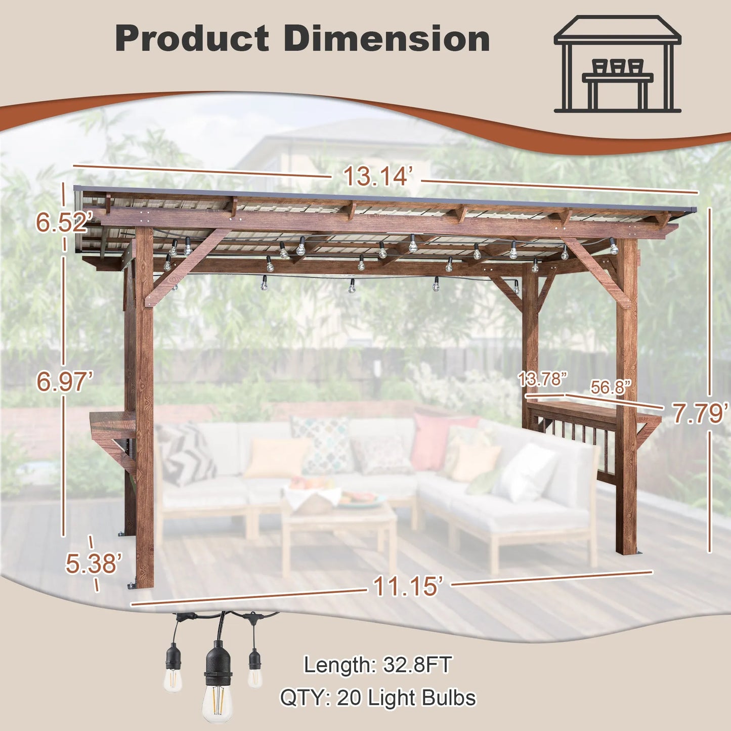 13' x 6.5' Wooden Pergola Grill Gazebo with Metal Roof & Bulbs & Bar Counters – view 2