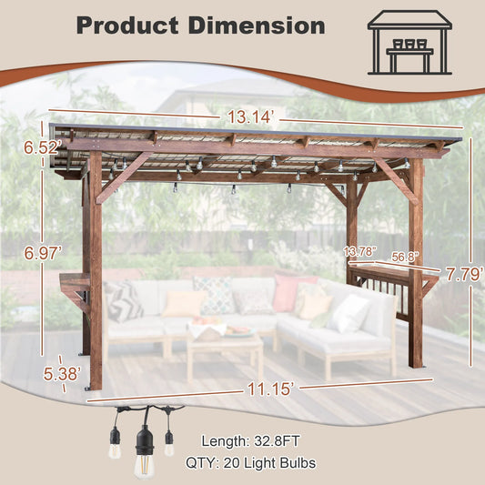 13' x 6.5' Wooden Pergola Grill Gazebo with Metal Roof & Bulbs & Bar Counters – view 2